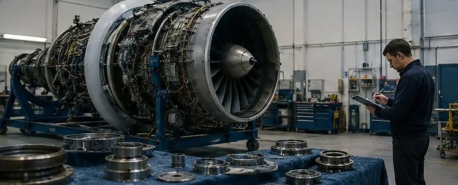 An aircraft engine partly disassembled in a workshop