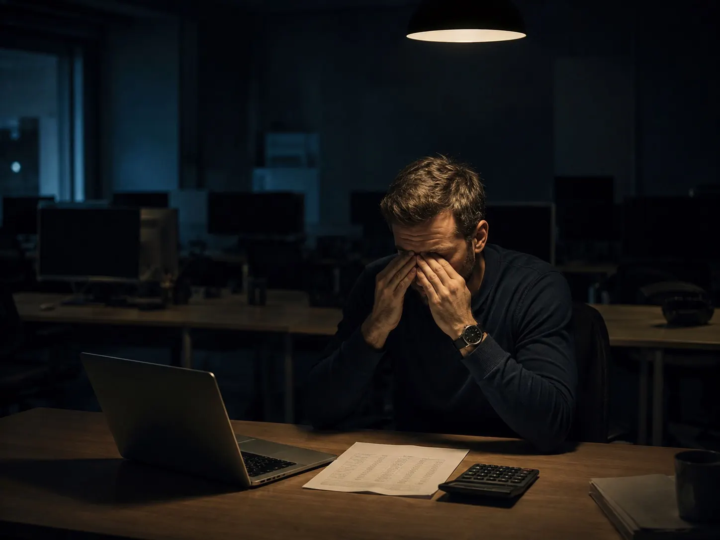 A founder working alone in an empty office late at night