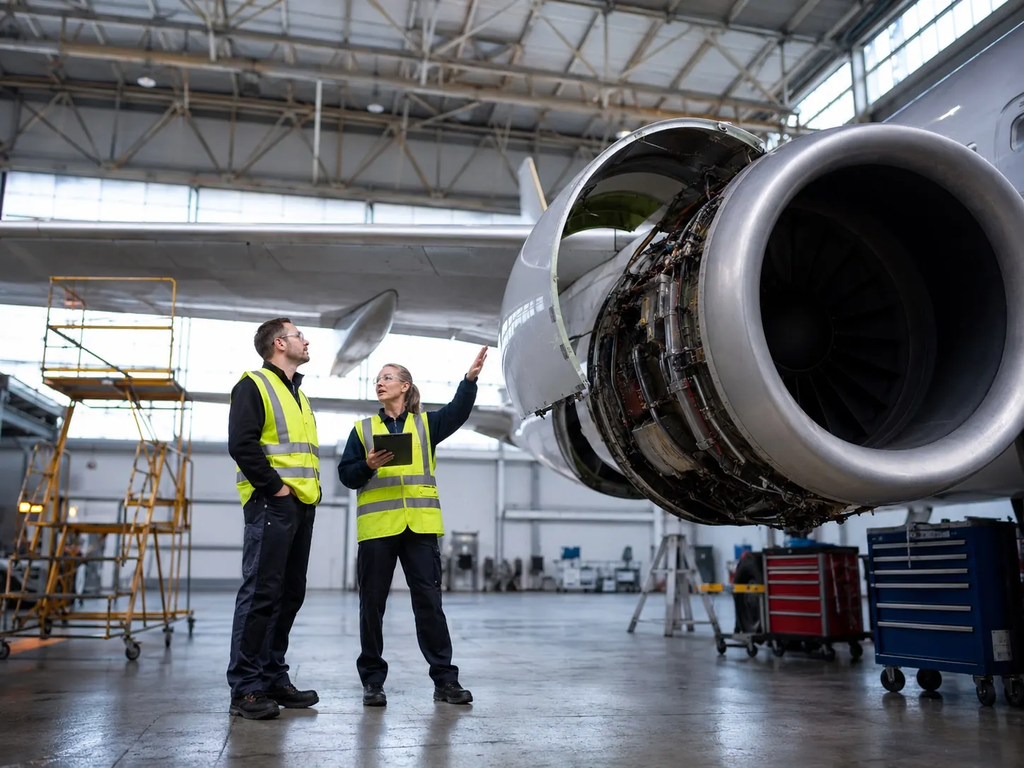 Two engineers beneath an aircraft wing in a maintenance hangar